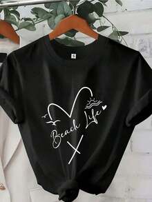 1 Personalized T-Shirt With Heart And Letter Print - Custom Name/Text, Sequin Design, Casual Crew Neck, Short Sleeve, Suitable For All Seasons, Ideal Gift For Mom, Teacher's Day, Mother's Day, Gift For Mom. | Casual Style | Custom Text, 180g 100% Cotton T-Shirt, All Designs Are Printed. Unisex. - 黑色 - 查看 10