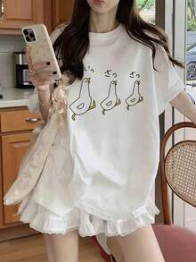 Short-Sleeved T-Shirt With A Loose Round Neck, Simple And Versatile, Japanese Style With Duck Print, White, Casual, For Spring And Summer. - putih - View 2