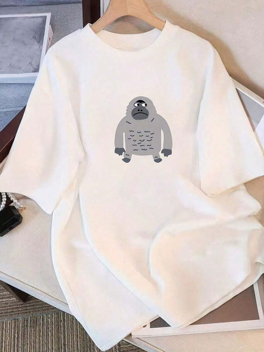 Camiseta de manga corta holgada 100% algodón para mujer - Estampado gráfico de perezoso de dibujos animados, top casual de cuello redondo para atuendos informales, esencial de verano lavable a máquina, camisetas para damas. - Blanco - Ver 1