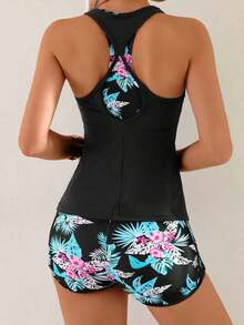 Swim Lushoire Conjunto de 3 piezas para mujer con top corto y conjunto de bikini con estampado floral para vacaciones en la playa - Multicolor 2 - Ver 2