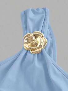 Vestido de cola de pez con cuello fruncido y decoración de broche azul - Azul cielo - Ver 3