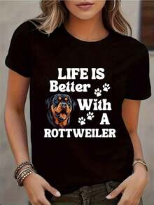 Camiseta Casual para Mujer con Estampado de Perro, Lavable a Máquina, Perfecta para Primavera y Verano, 100% Algodón - Negro - Ver 7