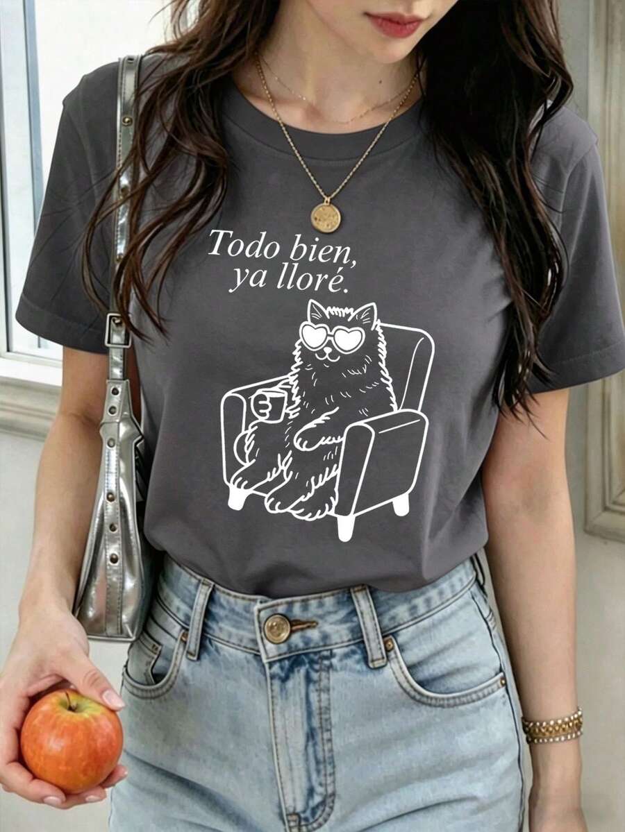 Playeras de Mujer Cuello Redondo Manga Corta, Camiseta con Estampado de Moda Actual, Tops Básicos Casuales - Gris Oscuro - Ver 1