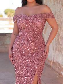Faeriesty Elegantes Paillettenkleid mit offenem Schulterausschnitt und Meerjungfrauenschnitt für Große Größen Damen, Design mit hohem Schlitz - Funkelndes Abendkleid, geeignet für rote Teppich Events, luxuriöse Hochzeiten, glamouröse Partys und formelle Anlässe, Sommerurlaubs-Partykleidung Frühling - Altrosa - Übersicht 5