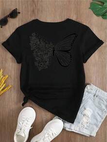 YOCASA Women's Casual Summer T-Shirt, Round Neck, Fitted Short Sleeve, With Oil Painting Print, Floral, Heart, Cherry And Letter Patterns. Simple Casual Fabric, Sporty Style, Ideal For Everyday Wear And Valentine's Day Dates. - 黑色 - 查看 7