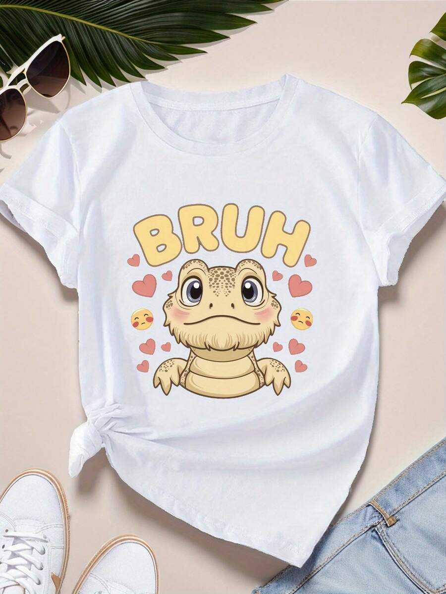 Adorable Plus-Size Women's Short-Sleeved Sports T-Shirt With A Cartoon Bearded Dragon Design. Suitable For Spring, Summer, And Autumn. - Putih - View 1