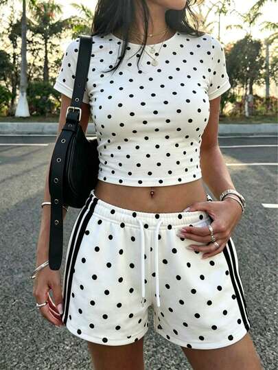 Damen Casual Polka Dot Muster Loose Shorts, geeignet für Outdoor, Streetwear, Y2K Stil, Frühling und Sommer Weiß