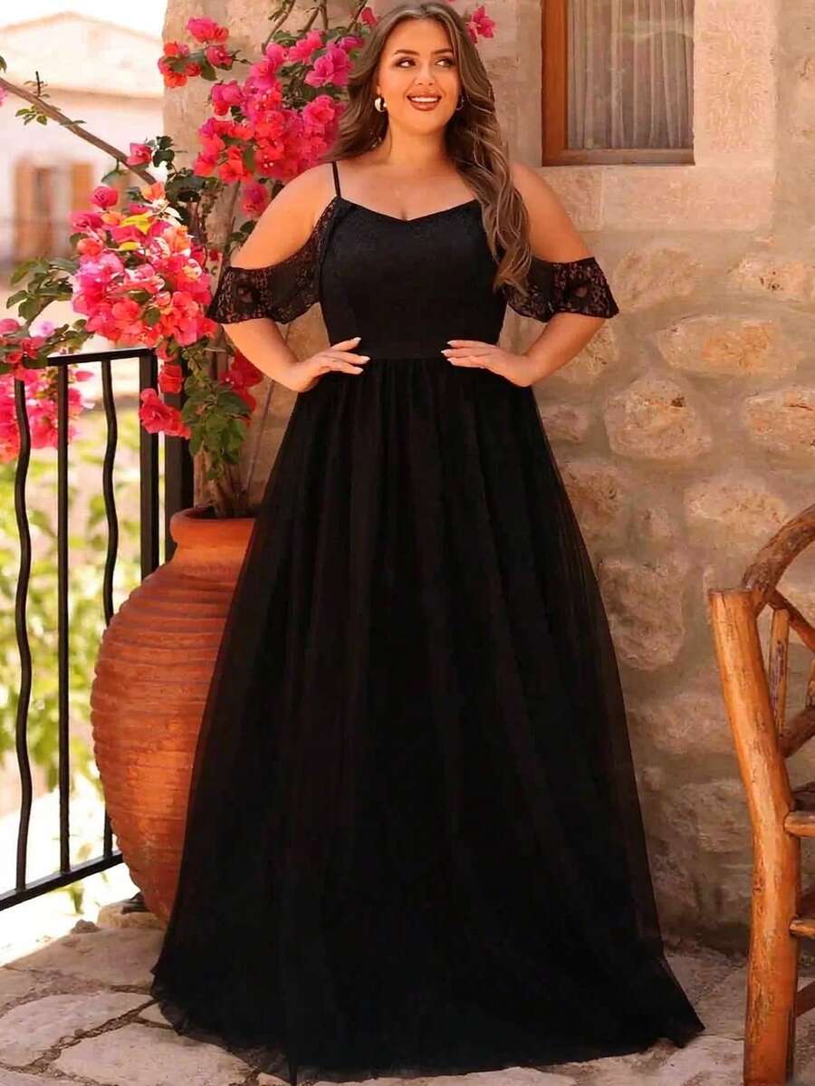 Elegant Solid Color Lace & Mesh A-Line Flowy Evening Party Dresses For Wedding Guest, Bridesmaid, Formal Events, Spring/Summer/Autumn - Black - View 1