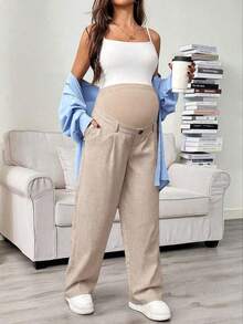 Pantalones rectos con bolsillo en diagonal, cintura ajustable, para maternidad - Caqui - Ver 5