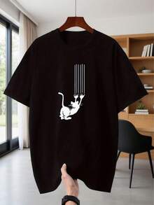 Camiseta Clásica de Tallas Grandes para Hombre y Mujer con Estampado de Gato Jugando con Cuerdas - Manga Corta, Cuello Redondo, Top Casual Cómodo de Verano con Gatito, Lavable aáquina para (Primavera, Verano, Otoño), TALLAS GRANDES, Camiseta de Verano - Negro - Ver 2