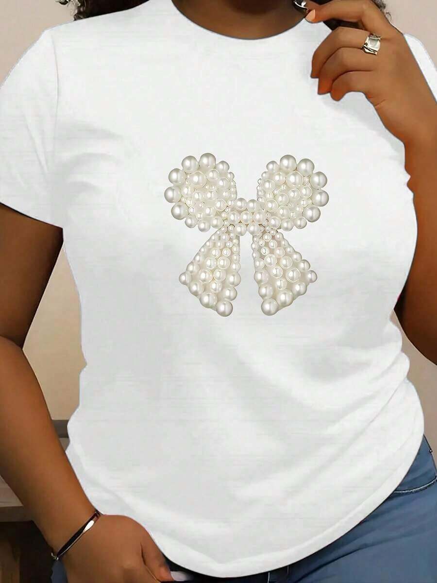 Camiseta de manga corta de verano 100% algodón para mujer, estampada, a la moda, transpirable, combina con todo, 100% algodón. - Blanco - Ver 1