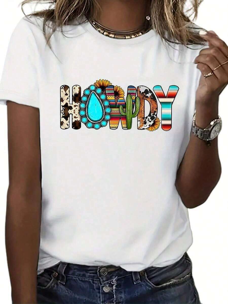 Women's Simple Loose Fit T-Shirt, Modern Western Cowboy Rodeo Style, Cotton T-Shirt For Women, Comfortable Soft Summer Top For Everyday Wear, Short Sleeve Top - 白色 - 查看 1