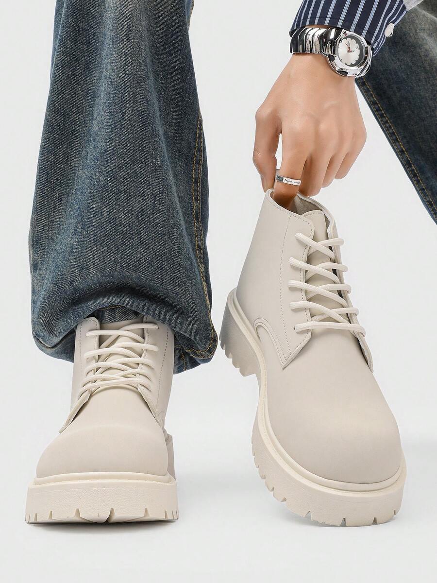 Men's Fashion Round Toe High-Top Boots, Thick Sole Anti-Slip Work Boots, Retro Ankle Boots For Men, Outdoor Wear In Winter, Plus Size - White - View 1