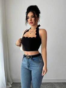 Top corto con escote halter, volantes y amarres en negro para mujer, ideal para vacaciones - Negro - Ver 6