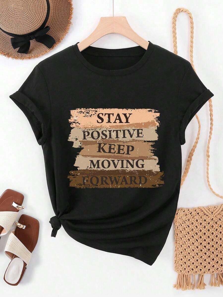 Solt Camiseta gráfica de manga corta con estampado de eslogan para uso diario y casual de mujer graphic - Negro - Ver 1