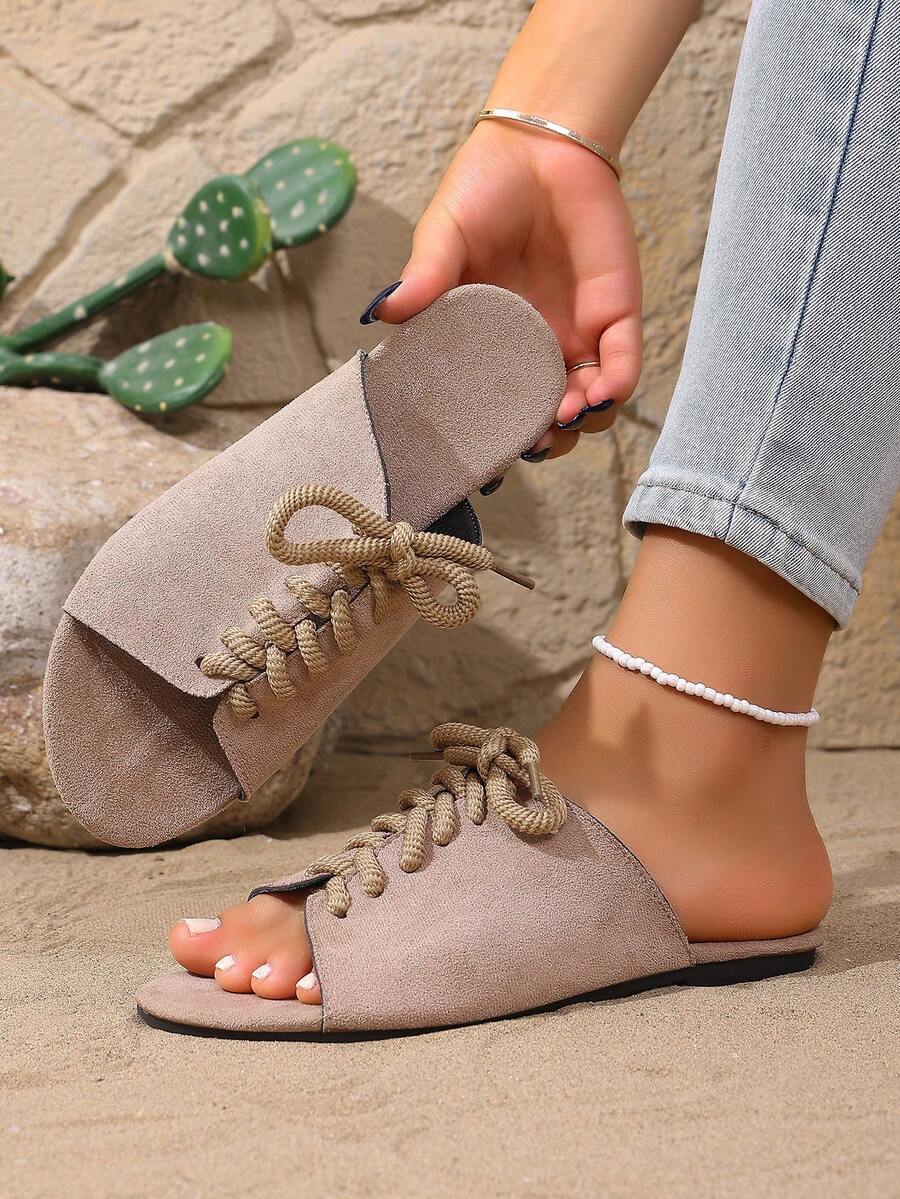 Sandalias de mujer con cordones calados, sandalias romanas planas, para playa, elegantes, gráciles, de resort, de moda, bohemias, casuales, sexys, de tela calada, sandalias planas, de verano