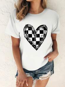 Camiseta Casual de Cuello Redondo para Mujer con Diseño de Corazón a Cuadros - Beige Suave, Comodidad para Todas las Temporadas, Perfecta para Atuendos Casuales, Camiseta de Uso Diario |   Gráfico de Corazón a Cuadros |   Ajuste Cómodo, Camisetas para Damas - Blanco - Ver 6
