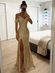 Vestido sin tirantes con lentejuelas corte abierto estilo casual para primavera y otoño - Champán - Ver 4