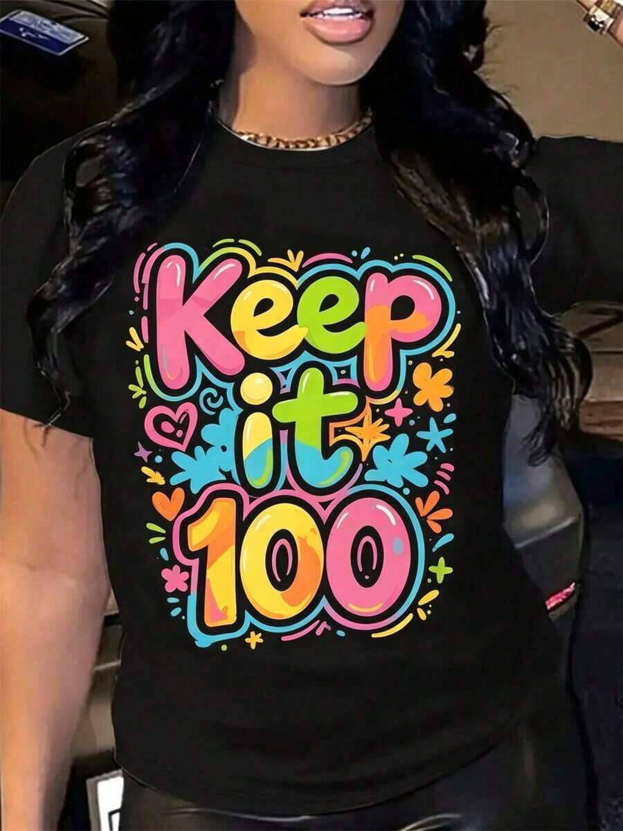 Camiseta gráfica de manga corta para mujer "Keep It 100" - Diseño de texto tridimensional plateado - Camiseta casual de cuello redondo para uso diario y ocio. - Negro 5 - Ver 1