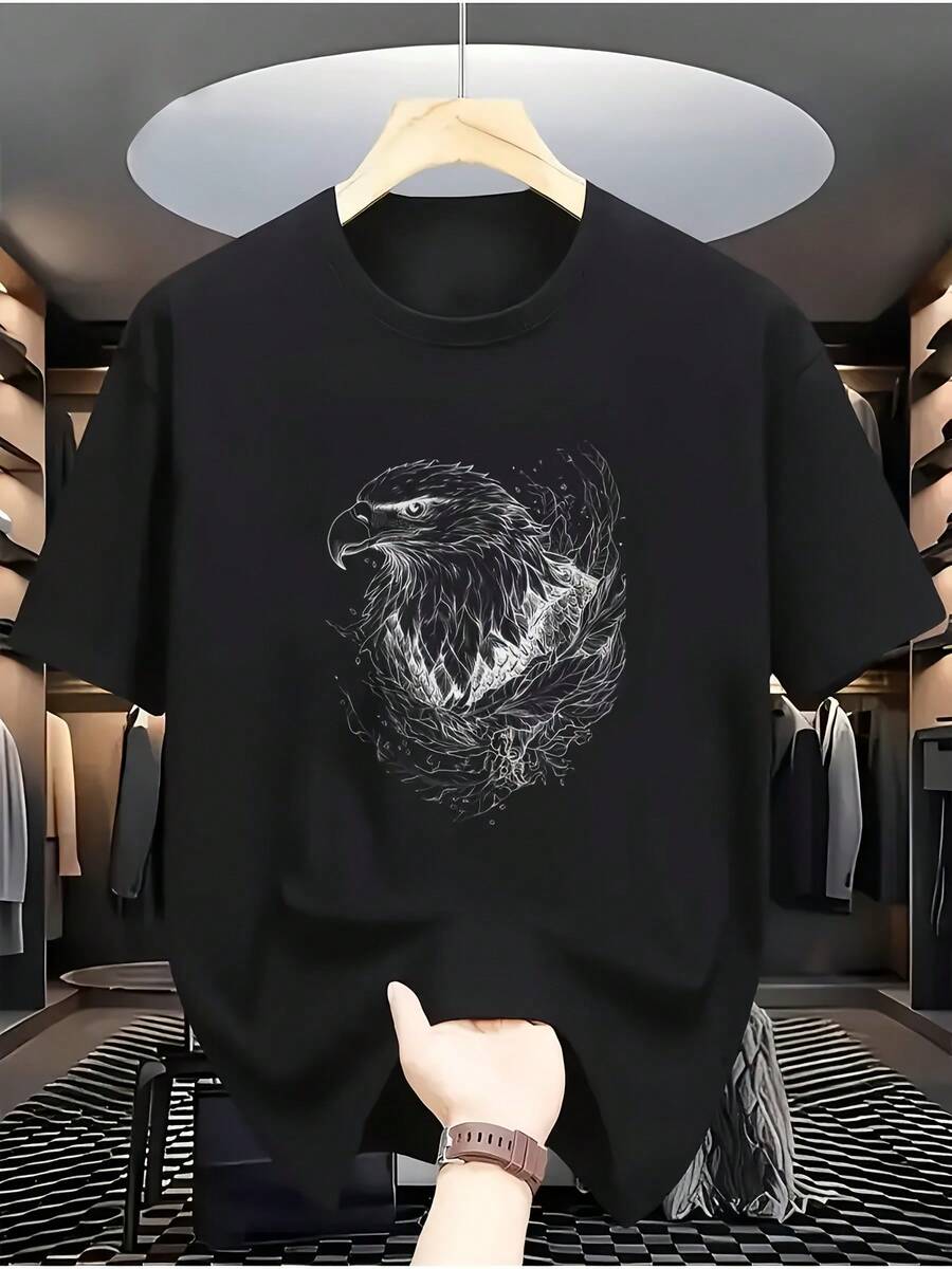 Limited Time Offer, Limited Quantities, Flash ! Women's Casual Shirts, Women's Polyester T-Shirts, Elegant Shirts. Short-Sleeve T-Shirt With Hand-Painted Eagle Design, Exquisite Artistic Design, Wild And Modern Style. - 黑色 - 查看 1