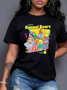 Osos de colores alegres celebrando juntos sobre un fondo geométrico vibrante lleno de líneas y figuras estilo retro camiseta de mujer con arte divertido y energía positiva ideal para look casual moderno,Camiseta de mujer elegante. - Negro - Ver 7