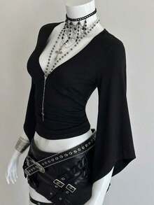 Camiseta ajustada con cuello en V profundo y mangas acampanadas sexy - Negro - Ver 1