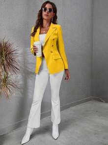 Blazer informal de unicolor de doble botonadura para mujer, chaqueta de verano para mujer, chaqueta morada, blazers para mujer - Amarillo - Ver 5