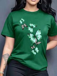 Suave |   1 Playera para Mujer 100% Algodón Transpirable | Camiseta de mujer con estampado de mariposa azul y rosa - Blusa de manga corta con cuello redondo, tela cómoda de estiramiento medio, top casual lavable a máquina para usar, opaca y no transparente para atuendos diarios, ropa de invierno para mujeres, ideal para el verano pattern pattern - Verde - Ver 6
