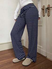 Pantalones deportivos de mujer de tiro bajo a rayas con cordón para la cintura, pantalones anchos de yoga/para el hogar, otoño/invierno - Azul y blanco - Ver 12