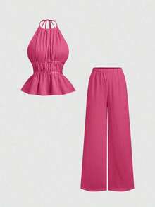 Conjunto de 2 piezas estilo francés relajado con camiseta sin mangas de cintura ceñida y pantalón ancho de pierna holgada, un conjunto de moda para mujeres - Rosa Fucsia - Ver 1