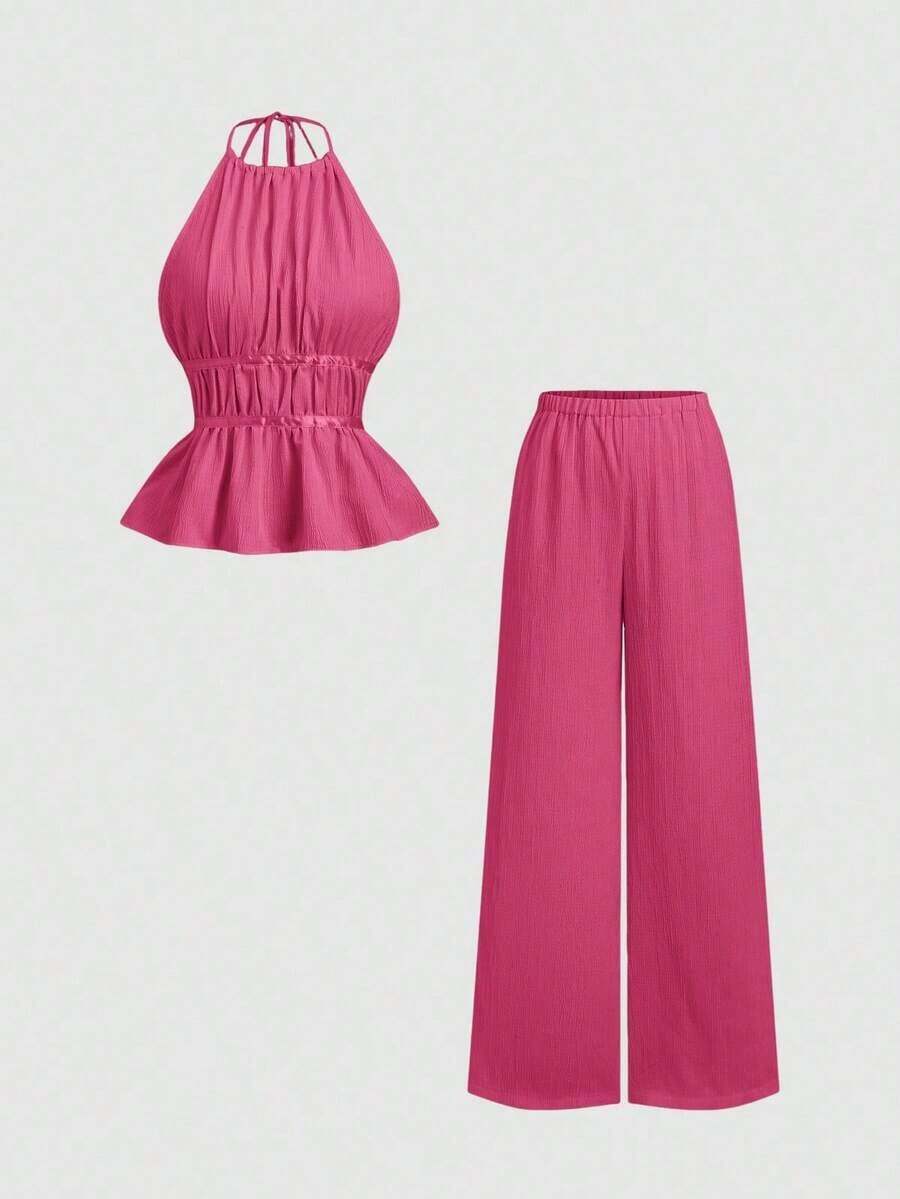 Conjunto de 2 piezas estilo francés relajado con camiseta sin mangas de cintura ceñida y pantalón ancho de pierna holgada, un conjunto de moda para mujeres - Rosa Fucsia - Ver 1