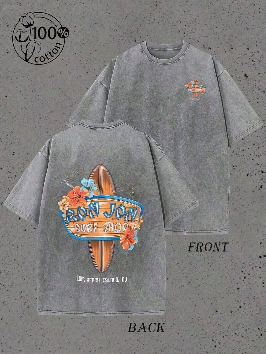 Graphic Tees Unisex, 2026 Washed Retro Cotton Circular Logo Surf Shop Long Beach Island, Crew Neck, Memorial Day Beach, Free Shipping - 灰色 - 查看 1