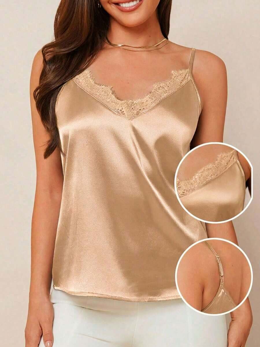 Top de satén con panel de encaje y cuello en V elegante para mujer, adecuado para primavera/verano y otoño/invierno, versátil para el transporte diario y el regreso a la escuela en otoño/invierno, modesto, vintage, estilo antiguo, negro, para maest - Naranja Coral - Ver 1
