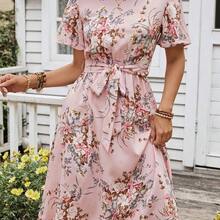 Women's Floral Print Ruffle Sleeve Waist Dress - Azul - Ver 4