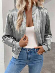 Chaqueta gris con mangas largas y lentejuelas Keke Bloomly, ligera, Chaquetas de punto para mujer, Chaquetas de punto ligeras para mujer, Atuendos de campo para mujer, Ropa vintage para mujer, Ropa de primavera para festivales y vacaciones - Plateado - Ver 5