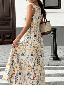 Vestido maxi a cuadros marrones 2026 para mujer, con tirantes de lazo y cintura fruncida con volantes, estilo minimalista casual y perfecto para vacaciones y uso diario - Multicolor 5 - Ver 2