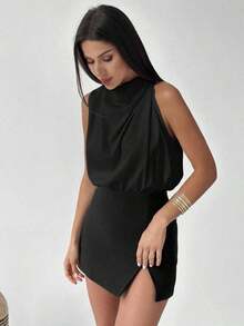 Camisa de color albaricoque con detalle asimétrico de volantes elegante para mujer, a la moda para el trayecto al trabajo, la oficina, el uso diario, las vacaciones y los festivales de música, primavera/verano - Negro - Ver 6