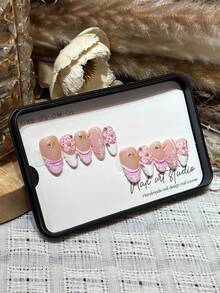10pcs Set Handmade Almond Shaped Nail Art Stickers, Delicate Nude Color French Manicure With Floral Engraving Design, Removable & Reusable Fake Nails - Multicolor - View 2