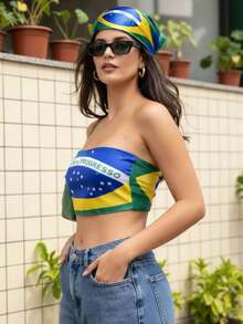 Women's Multifunctional Scarf With Brazilian Flag Print, Soft Satin | 90x90cm | Look - màu xanh lá - Xem 5
