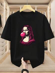 Camisetas de Hombre Talla Grande 100% Mona Lisa Estampado de Chicle Cuello Redondo Manga Corta Camiseta Cómoda Casual de Manga Corta para Verano - Negro - Ver 2