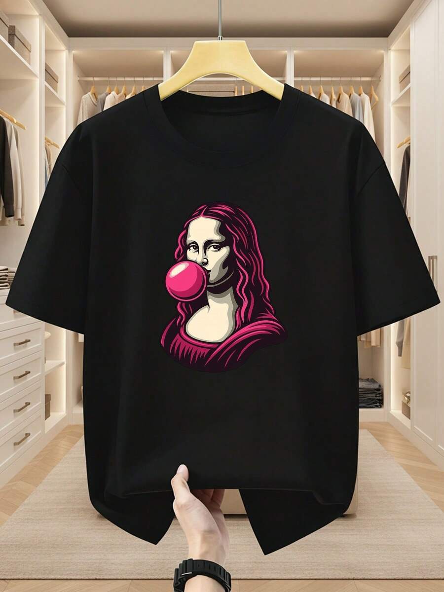 Camisetas de Hombre Talla Grande 100% Mona Lisa Estampado de Chicle Cuello Redondo Manga Corta Camiseta Cómoda Casual de Manga Corta para Verano