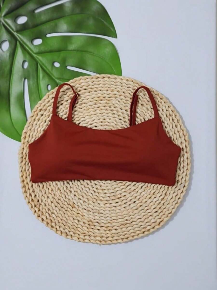 Simple Bikini Top With Thin Straps, Removable Padding, And Separate Adjuster, Polyamide - Terracotta - View 1