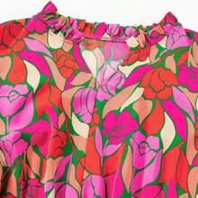 Bohemian Style Rose Print Short Sleeve Low Waist Dress Pink Vacation Summer Elegant - Rosa - Ver 7