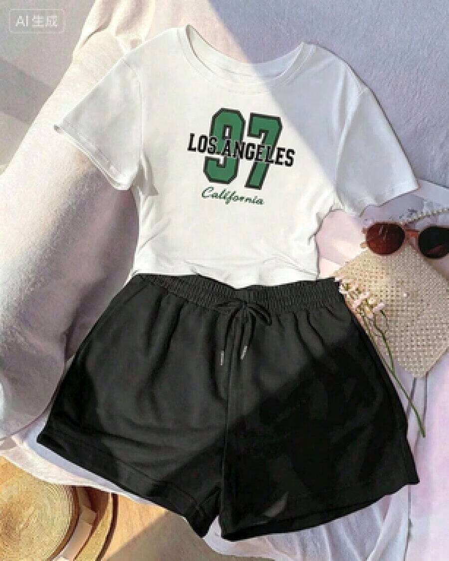 Almacén local, una camiseta de manga corta para mujer con estilo retro americano, de corte holgado y diseño estampado (los pantalones son solo para sugerencias de estilo). Esta pieza sencilla y elegante presenta un patrón de letras impresas con temática tropical, lo que la convierte en un elemento imprescindible para crear un look relajado de vacaciones, perfecto para ocasiones como el Día del Trabajo y el Día de la Independencia de México. - Blanco - Ver 1