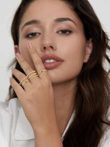 Vanel 1 Set Fashionable Minimalist Gold Tone Ring Set, 6pcs Including Inlaid, Rimmed And Marquise Cut CZ Styles, Stylish Daily Wear Jewelry For Women - Golden Yellow-white - View 3