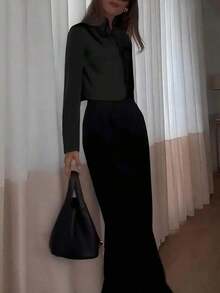 Blusa corta de manga larga con cuello mao y botones, elegante blusa delgada de unicolor, estilo chino moderno para mujer - Negro - Ver 3