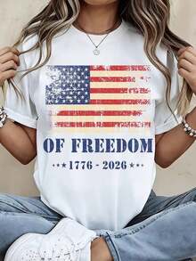 1 Piece Women's Crew Neck T-Shirt With American Flag Of Liberty 1776-2026 Print, Short Sleeve, Casual Style For Independence Day Celebration, 180g 100% Cotton - 白色 - 查看 1