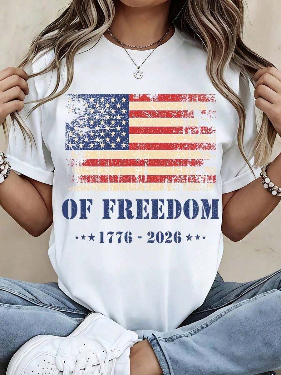 1 Piece Women's Crew Neck T-Shirt With American Flag Of Liberty 1776-2026 Print, Short Sleeve, Casual Style For Independence Day Celebration, 180g 100% Cotton - 白色 - 查看 1