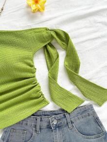 Top ligero de mujer con cuello asimétrico y tirantes de lazo, adecuado para fiesta, vacaciones, festival de música, estilo bohemio, cita de vacaciones, té de la tarde, top corto verde, elegante, campestre, chic, salir, tops para mujeres, Halloween, otoño, blusas casuales para mujer, fiesta - Verde - Ver 4