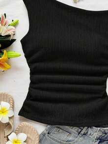 Blusa de punto con textura de burbujas de color albaricoque, con hombros asimétricos y cintura anudada, de corte ajustado, adecuada para fiesta, cita, paseo por la ciudad, viaje por carretera, playa de verano - Negro - Ver 6